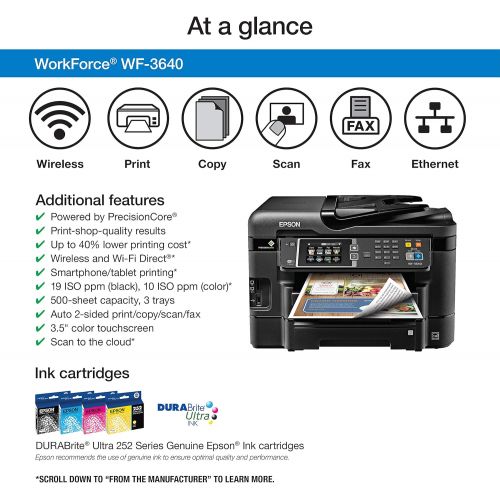 엡손 Epson WorkForce WF-3640 Wireless Color All-in-One Inkjet Printer with Scanner and Copier (E-Commerce Packaging)