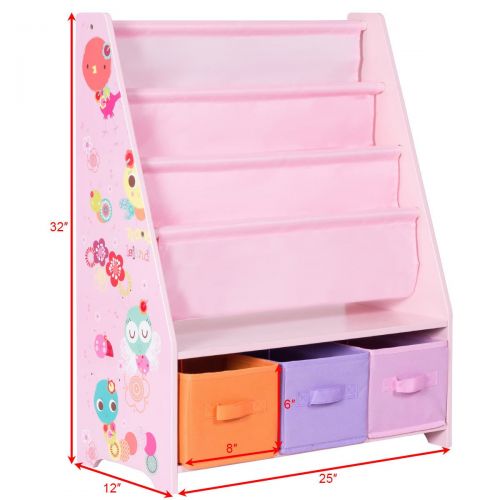  Erama-ix Kids Sling Bookcase and Toys Organizer Shelves with 3 Free Storage Boxes Bookshelf Pink