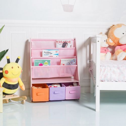  Erama-ix Kids Sling Bookcase and Toys Organizer Shelves with 3 Free Storage Boxes Bookshelf Pink