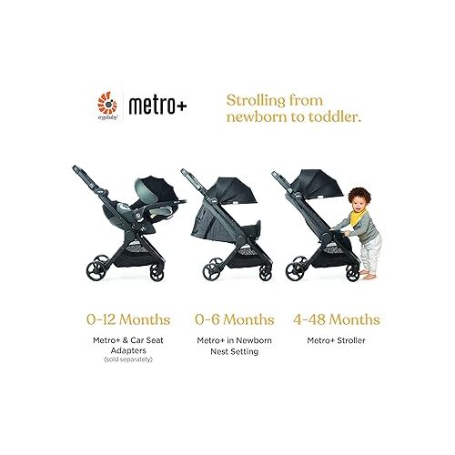 에르고베이비 Ergobaby Metro+ Compact Baby Stroller, Lightweight Umbrella Stroller Folds Down for Overhead Airplane Storage (Carries up to 50 lbs), Car Seat Compatible, Black