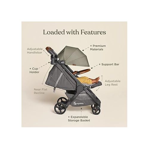 에르고베이비 Ergobaby Metro+ Deluxe Compact Baby Stroller, Lightweight Umbrella Stroller Folds Down for Overhead Airplane Storage (Carries up to 50 lbs), Car Seat Compatible, Empire State Green