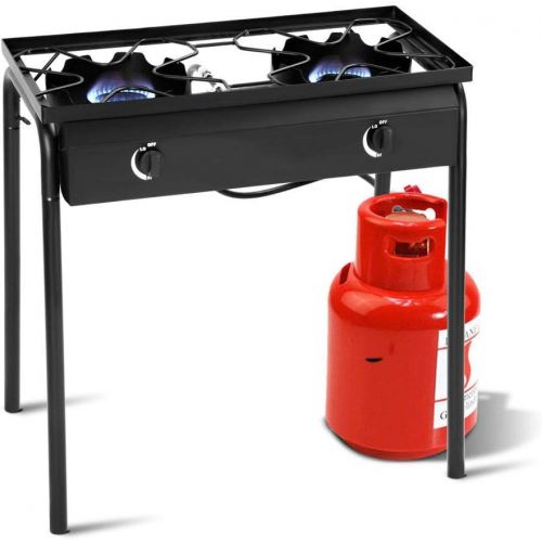  Erommy Gas Burner Outdoor Camping Propane Stove with 2 Burner Automatic Ignition, Adjustable Leg,0-20 PSI Regulator with Hose for Camping or Cooking