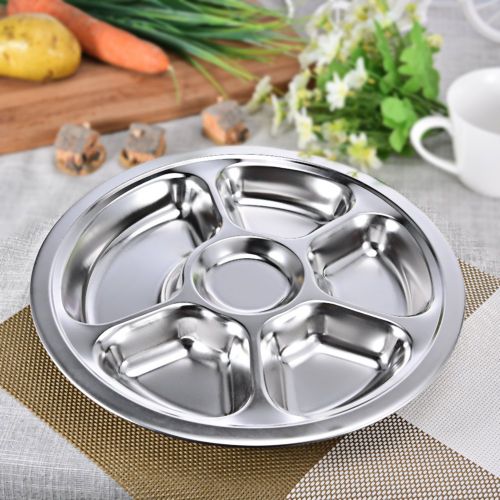  Eronde Stainless Steel Divided Plate Round Food Tray with 6 Compartments for Kids and Adults