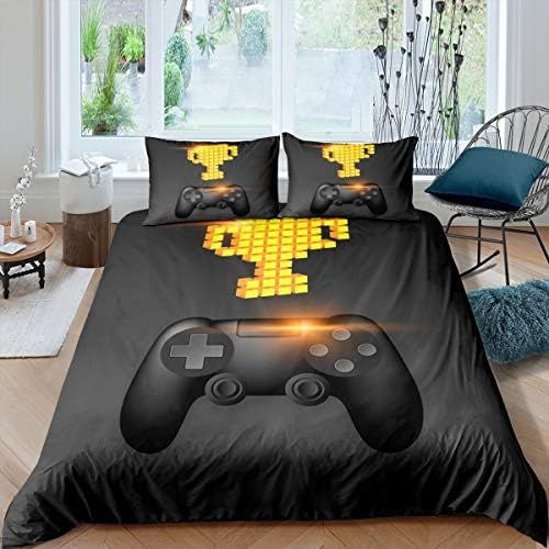  [아마존베스트]Erosebridal Kids Video Games Duvet Cover,Boys Gamer Print Comforter Cover Gaming Controller Pattern Design,Child Game Room decor Teens Bedding Set with 1 Pillowcase,Black Gold Gamepad Bedsprea