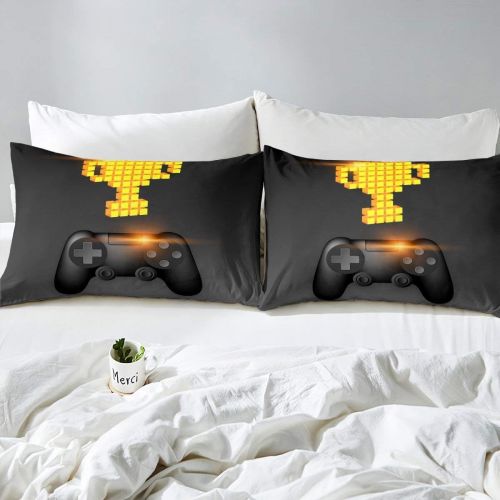  [아마존베스트]Erosebridal Kids Video Games Duvet Cover,Boys Gamer Print Comforter Cover Gaming Controller Pattern Design,Child Game Room decor Teens Bedding Set with 1 Pillowcase,Black Gold Gamepad Bedsprea