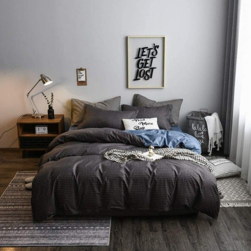  [아마존베스트]Erosebridal Grid Duvet Cover Set 2Pcs Plaid Checkered Pattern Bedding Set Twin Size, Dark Gray Geometric Buffalo Pattern Comforter Cover For Adults Kids Reversible Modern Printed Bedspread Cov