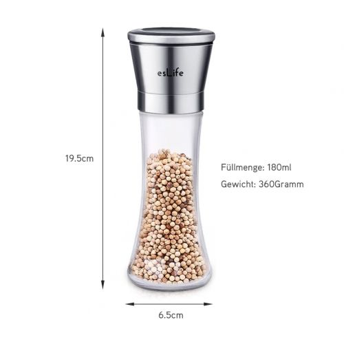  EsLife Eslife Salt and Pepper Mills 2Pack Salt & Spice Mill Unfilled with Ceramic Grinder, Adjustable Gauge, Stainless Steel, 180ml