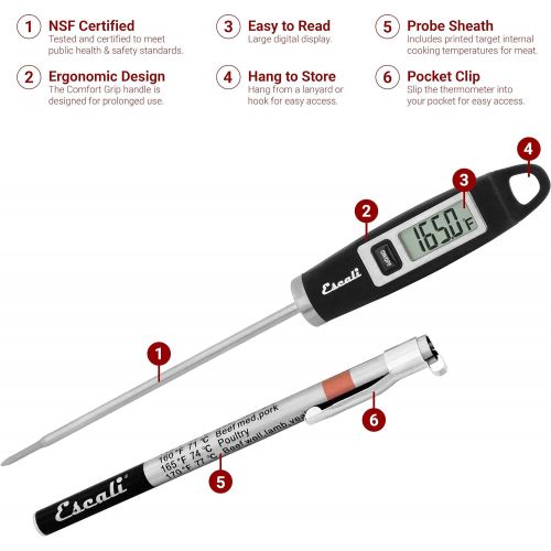  Escali DH1-B Gourmet Digital Stainless Steel Probe Meat Thermometer, Quick Read Measurements, Pocket Sheath w/Cooking Temperatures, -49/392F Degree Range, Black: Kitchen & Dining