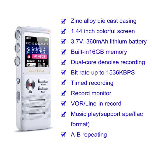  Escytegr Voice Activated Recorder Double Microphone Timed Recording 16GB Audio Voice Recorder MP3 Music Player 1536kbps Dictaphone for Lectures Meetings