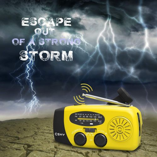  [아마존베스트]Esky Solar Weather Radios Hand Crank Self Powered Emergency FM/AM/NOAA Radio with LED Flashlight and 1000mAh Yellow