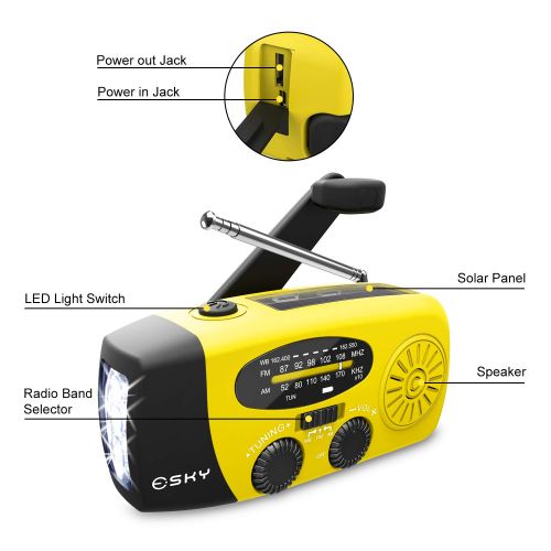  [아마존베스트]Esky Solar Weather Radios Hand Crank Self Powered Emergency FM/AM/NOAA Radio with LED Flashlight and 1000mAh Yellow