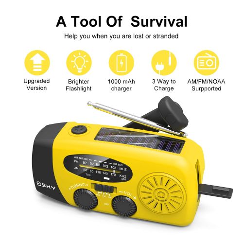  [아마존베스트]Esky Solar Weather Radios Hand Crank Self Powered Emergency FM/AM/NOAA Radio with LED Flashlight and 1000mAh Yellow