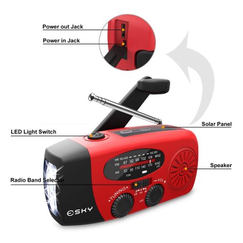  Esky [Upgraded Version] Portable Emergency Weather Radio Hand Crank Self Powered AM/FM/NOAA Solar Radios with 3 LED Flashlight 1000mAh Power Bank Phone Charger (Red): Electronics