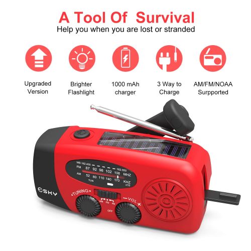  Esky [Upgraded Version] Portable Emergency Weather Radio Hand Crank Self Powered AM/FM/NOAA Solar Radios with 3 LED Flashlight 1000mAh Power Bank Phone Charger (Red): Electronics