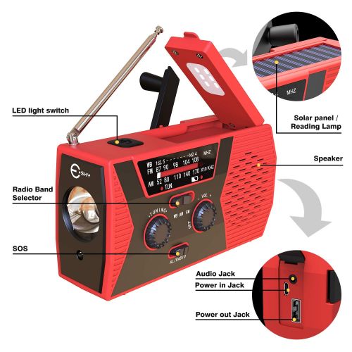  [Upgraded Version] Esky Emergency Solar Hand Crank Radio, NOAA Weather Radio for Emergency with AM/FM, LED Flashlight, Reading Lamp, 2000mAh Power Bank and SOS Alarm: Electronics