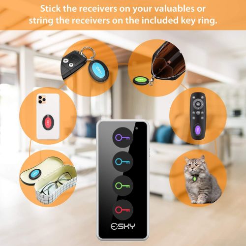  Key Finder, Esky 80dB RF Item Locator with 131ft Working Range, Wireless Key Tracker with 1 Transmitter and 4 Receivers for Finding Wallet, Remote, Pet and Passport, Receiver Batte