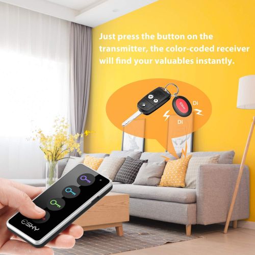  Key Finder, Esky 80dB RF Item Locator with 131ft Working Range, Wireless Key Tracker with 1 Transmitter and 4 Receivers for Finding Wallet, Remote, Pet and Passport, Receiver Batte