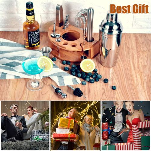  [아마존베스트]Esmula Bartender Kit with Stylish Bamboo Stand, 12 Piece Cocktail Shaker Set for Mixed Drink, Professional Stainless Steel Bar Tool Set - Cocktail Recipes Booklet(25 oz)