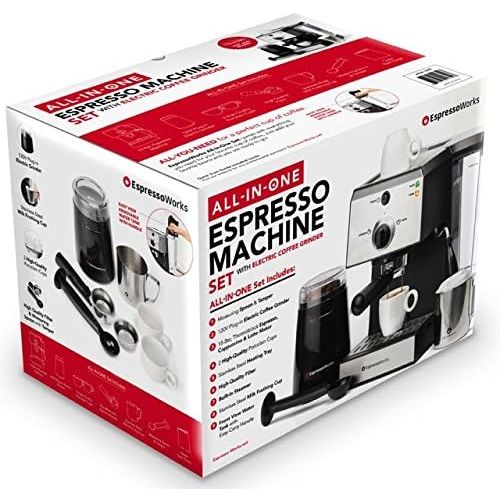  EspressoWorks 7 Pc All-In-One Espresso Machine & Cappuccino Maker Barista Bundle Set wBuilt-In Steamer & Frother (Inc: Coffee Bean Grinder, Portafilter, Milk Frothing Cup, SpoonTamper & 2 Cups