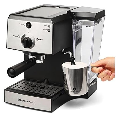  EspressoWorks 7 Pc All-In-One Espresso Machine & Cappuccino Maker Barista Bundle Set wBuilt-In Steamer & Frother (Inc: Coffee Bean Grinder, Portafilter, Milk Frothing Cup, SpoonTamper & 2 Cups