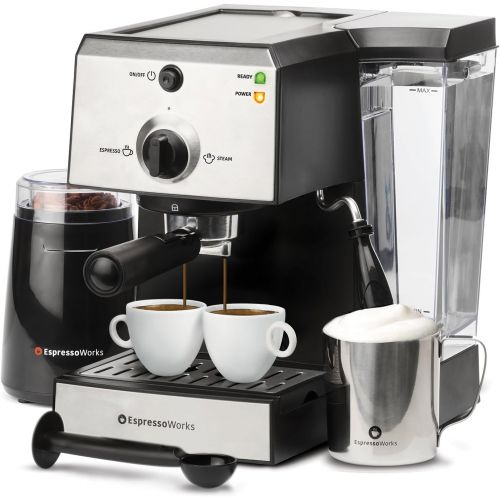  EspressoWorks 7 Pc All-In-One Espresso Machine & Cappuccino Maker Barista Bundle Set wBuilt-In Steamer & Frother (Inc: Coffee Bean Grinder, Portafilter, Milk Frothing Cup, SpoonTamper & 2 Cups