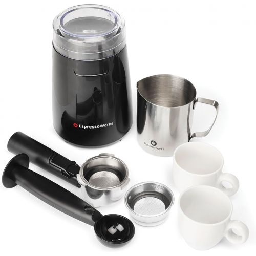  EspressoWorks 7 Pc All-In-One Espresso Machine & Cappuccino Maker Barista Bundle Set wBuilt-In Steamer & Frother (Inc: Coffee Bean Grinder, Portafilter, Milk Frothing Cup, SpoonTamper & 2 Cups