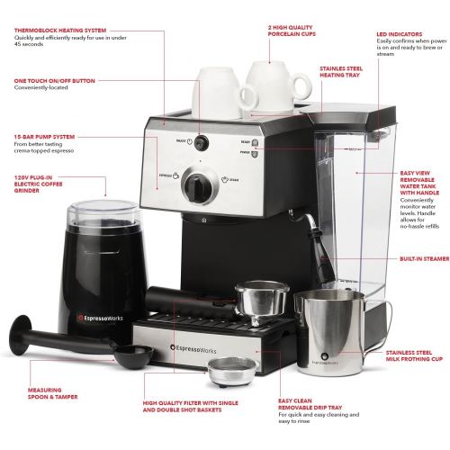  EspressoWorks 7 Pc All-In-One Espresso Machine & Cappuccino Maker Barista Bundle Set wBuilt-In Steamer & Frother (Inc: Coffee Bean Grinder, Portafilter, Milk Frothing Cup, SpoonTamper & 2 Cups