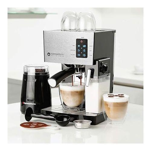  EspressoWorks 19-Bar Espresso, Cappuccino and Latte Maker 10-Piece Set - Brew Cappuccino and Latte with One Button - Espresso Machine with Milk Steamer 1250W - Coffee Gifts (Silver)