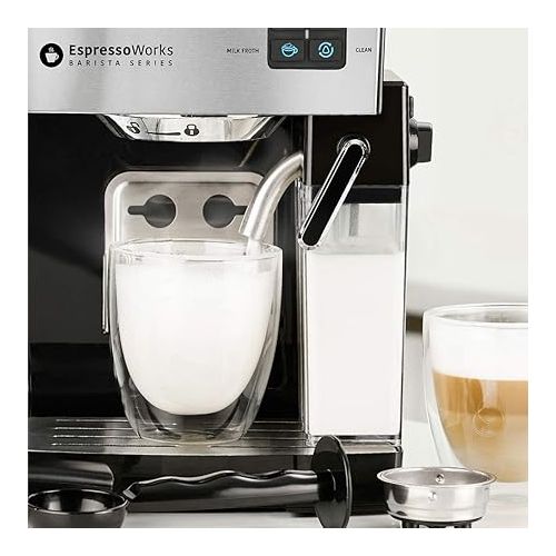  EspressoWorks 19-Bar Espresso, Cappuccino and Latte Maker 10-Piece Set - Brew Cappuccino and Latte with One Button - Espresso Machine with Milk Steamer 1250W - Coffee Gifts (Silver)