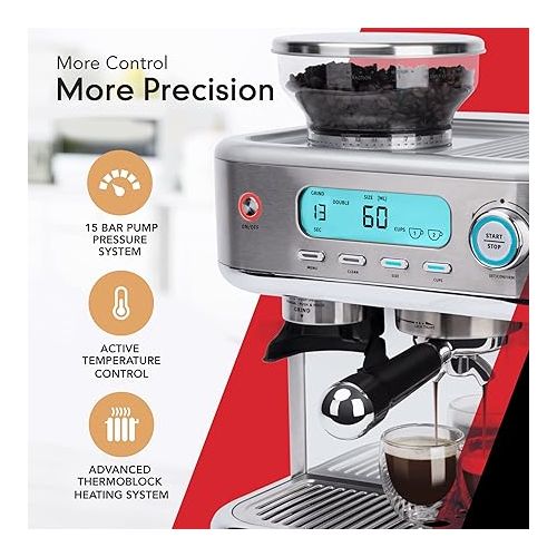  EspressoWorks Barista Pro Series Espresso Machine with Grinder, LCD Display and Steamer - Ready To Go In 60 Sec - 15-Bar Latte and Cappuccino Machine 30-Piece Bundle - Coffee Gifts (Silver)