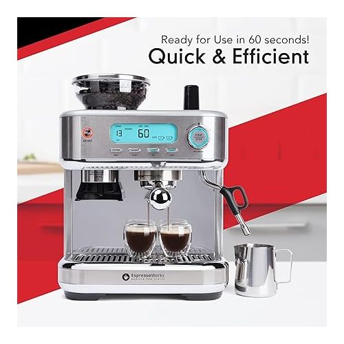  EspressoWorks Barista Pro Series Espresso Machine with Grinder, LCD Display and Steamer - Ready To Go In 60 Sec - 15-Bar Latte and Cappuccino Machine 30-Piece Bundle - Coffee Gifts (Silver)