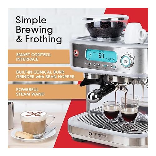  EspressoWorks Barista Pro Series Espresso Machine with Grinder, LCD Display and Steamer - Ready To Go In 60 Sec - 15-Bar Latte and Cappuccino Machine 30-Piece Bundle - Coffee Gifts (Silver)