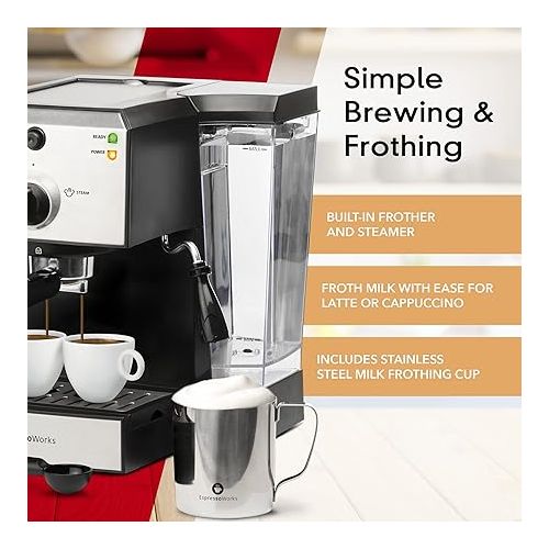  EspressoWorks All-In-One Espresso Machine with Milk Frother 7-Piece Set - Latte Maker Includes Grinder, Frothing Pitcher, Cups, Spoon and Tamper - Coffee Gifts (Stainless Steel)