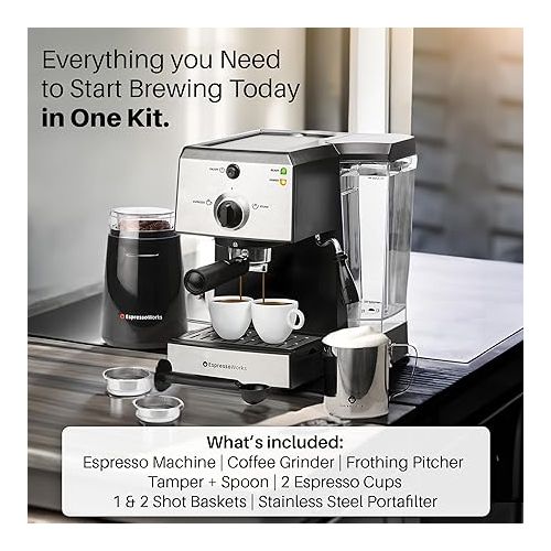  EspressoWorks All-In-One Espresso Machine with Milk Frother 7-Piece Set - Latte Maker Includes Grinder, Frothing Pitcher, Cups, Spoon and Tamper - Coffee Gifts (Stainless Steel)