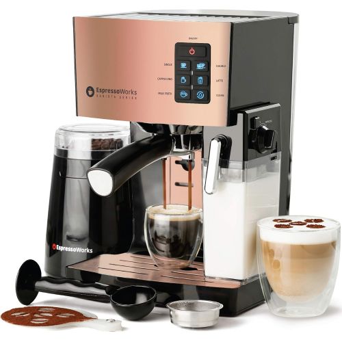  EspressoWorks Espresso & Cappuccino Maker- 19 Bar Pump - 10 Pc All-In-One Espresso Maker & Milk Steamer, Inc: Bean Grinder, 2 Cappuccino & 2 Espresso Cups, Tamper, Single and Double Shot Filter