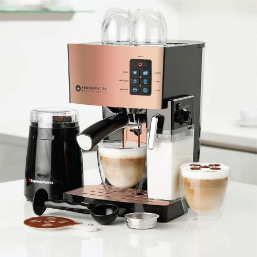  EspressoWorks Espresso & Cappuccino Maker- 19 Bar Pump - 10 Pc All-In-One Espresso Maker & Milk Steamer, Inc: Bean Grinder, 2 Cappuccino & 2 Espresso Cups, Tamper, Single and Double Shot Filter
