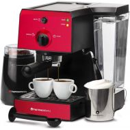 EspressoWorks All In One Barista Bundle Set, 7 Piece Espresso Machine, Cappuccino Maker, Professional Coffee And Latte Machine With Milk Frother and Small Espresso Grinder, 1350W, (Red)