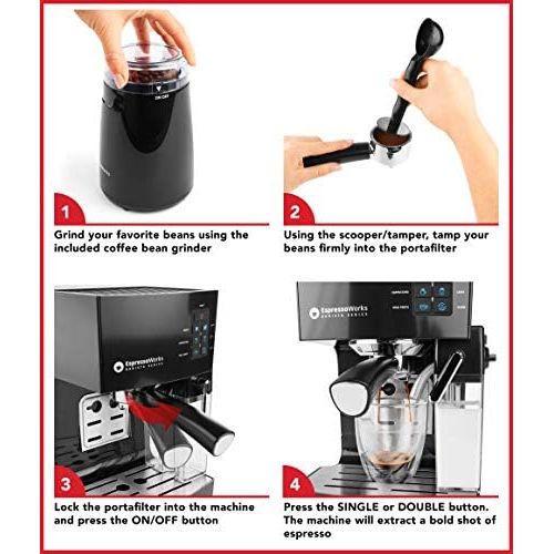  EspressoWorks Espresso Machine, Latte & Cappuccino Maker- 10 pc All-In-One Espresso Maker with Milk Steamer (Incl: Coffee Bean Grinder, 2 Cappuccino & 2 Espresso Cups, Spoon/Tamper, Portafilter