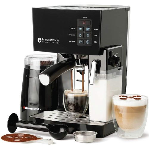  EspressoWorks Espresso Machine, Latte & Cappuccino Maker- 10 pc All-In-One Espresso Maker with Milk Steamer (Incl: Coffee Bean Grinder, 2 Cappuccino & 2 Espresso Cups, Spoon/Tamper, Portafilter