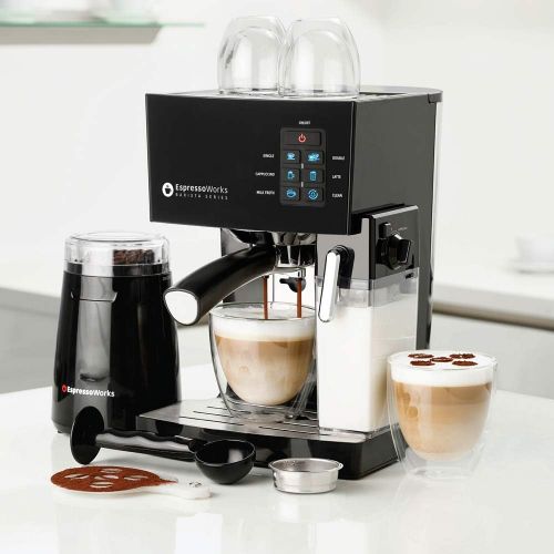  EspressoWorks Espresso Machine, Latte & Cappuccino Maker- 10 pc All-In-One Espresso Maker with Milk Steamer (Incl: Coffee Bean Grinder, 2 Cappuccino & 2 Espresso Cups, Spoon/Tamper, Portafilter