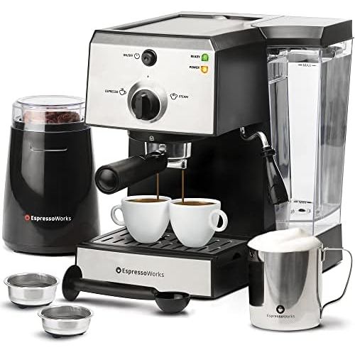  EspressoWorks Espresso Machine & Cappuccino Maker with Milk Steamer- 15 Bar Pump, 7 Pc All-In-One Barista Bundle Set w/ Built-in Frother (Inc: Coffee Bean Grinder, Milk Frothing Cup, Tamper & 2