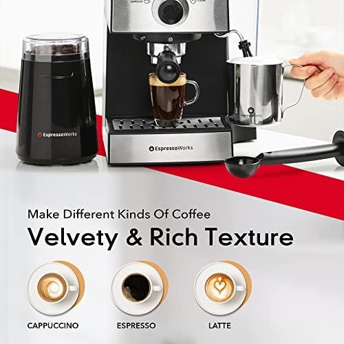  EspressoWorks Espresso Machine & Cappuccino Maker with Milk Steamer- 15 Bar Pump, 7 Pc All-In-One Barista Bundle Set w/ Built-in Frother (Inc: Coffee Bean Grinder, Milk Frothing Cup, Tamper & 2