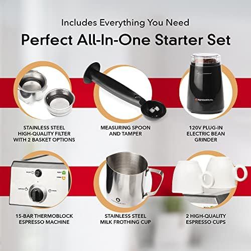  EspressoWorks Espresso Machine & Cappuccino Maker with Milk Steamer- 15 Bar Pump, 7 Pc All-In-One Barista Bundle Set w/ Built-in Frother (Inc: Coffee Bean Grinder, Milk Frothing Cup, Tamper & 2