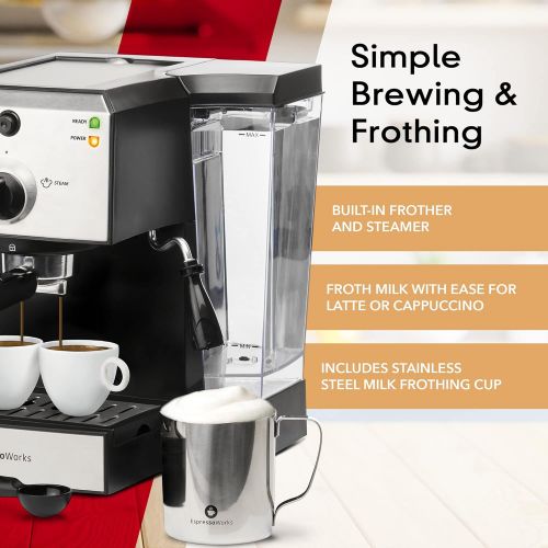  EspressoWorks Espresso Machine & Cappuccino Maker with Milk Steamer- 15 Bar Pump, 7 Pc All-In-One Barista Bundle Set w/ Built-in Frother (Inc: Coffee Bean Grinder, Milk Frothing Cup, Tamper & 2