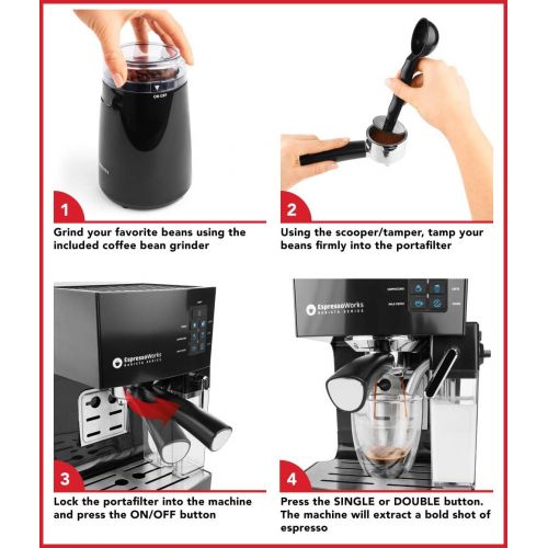  [아마존베스트]EspressoWorks Espresso Machine, Latte & Cappuccino Maker- 10 pc All-In-One Espresso Maker with Milk Steamer (Incl: Coffee Bean Grinder, 2 Cappuccino & 2 Espresso Cups, Spoon/Tamper, Portafilter