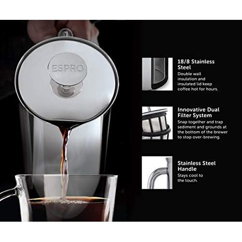  Espro French Press P7, Kaffee Stempelkanne mit Thermofunktion, Coffee-Maker, Kaffeezubereiter, Edelstahl poliert, 550 ml