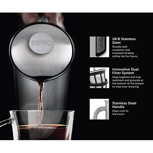  [아마존베스트]ESPRO French Press P7, coffee stamp jug with thermal function, coffee maker, coffee maker, 950ml, brushed stainless steel
