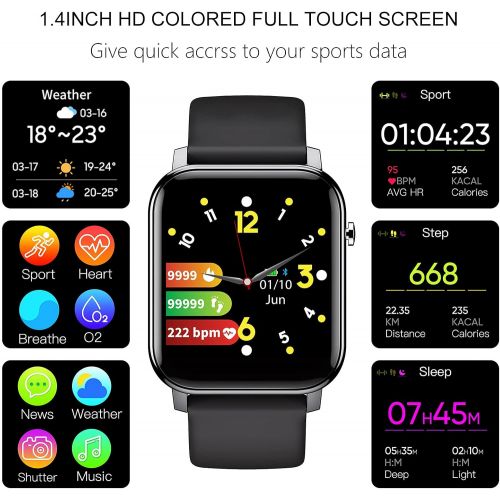  Esprosper Smart Watch for IP68 Waterproof 5ATM, Fitness Tracker Heart Rate Monitor Sports Digital Watch with 1.4 HD Square Shaped Screen and Silicone Strap (Black)