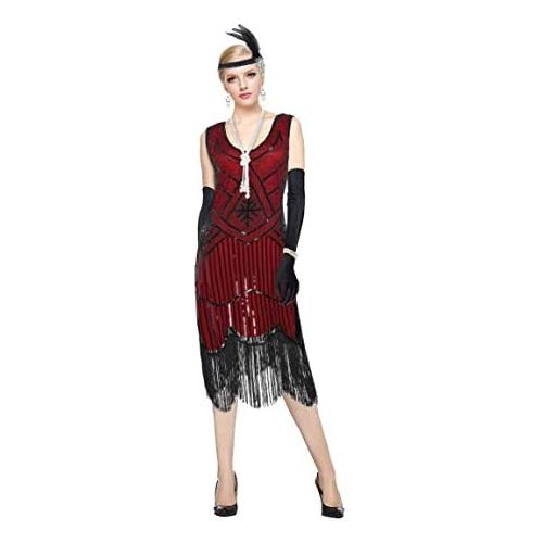  할로윈 용품Esrtyeryh Women Costume 1920s Gatsby Sequin Fringed Paisley Flapper Dress with 20s Accessories Set (2.