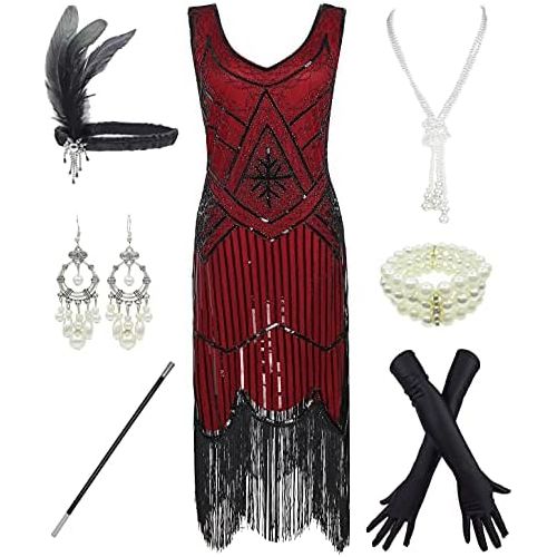  할로윈 용품Esrtyeryh Women Costume 1920s Gatsby Sequin Fringed Paisley Flapper Dress with 20s Accessories Set (2.